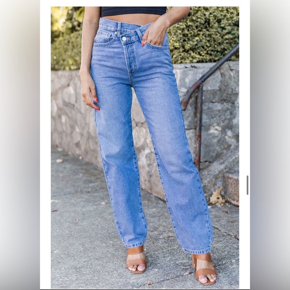 Pink Lily Frankie Asymmetrical High Waisted Straight Leg Jeans
